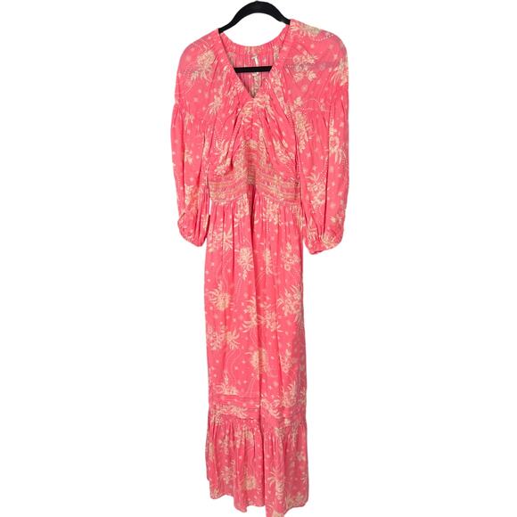 Free People Dress Maxi Golden Hour Smocked Bodice Cotton Pink XS Boho - Picture 2 of 12